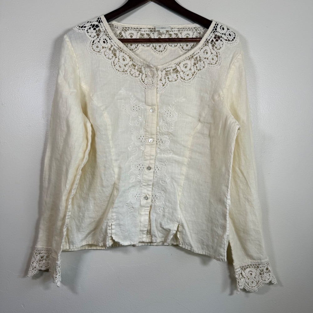 J. Jill Crochet Lace Trim Embroidered Linen Button Front Blouse Size M Cream